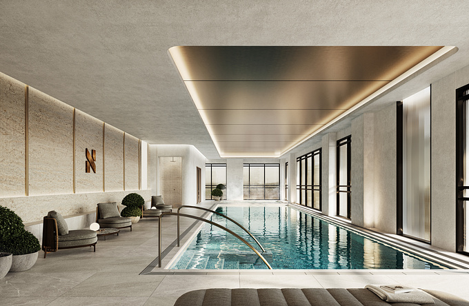Northbrook is a luxury retirement brand by Winton. The Northbrook in Wynyard Quarter is their flagship development with a wealth of amenities, many of which we have visualised: Porte Cochere, Terrace, Indoor Pool, Library, Restaurant and Lounge.