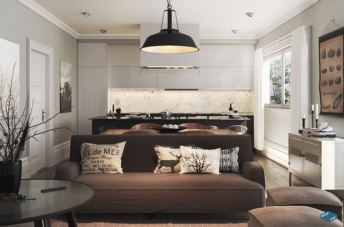 Solid Eye - https://solideye.eu/
A compact open plan of a penthouse showing an earthy palette with a combination of Hygge and contemporary French influences.