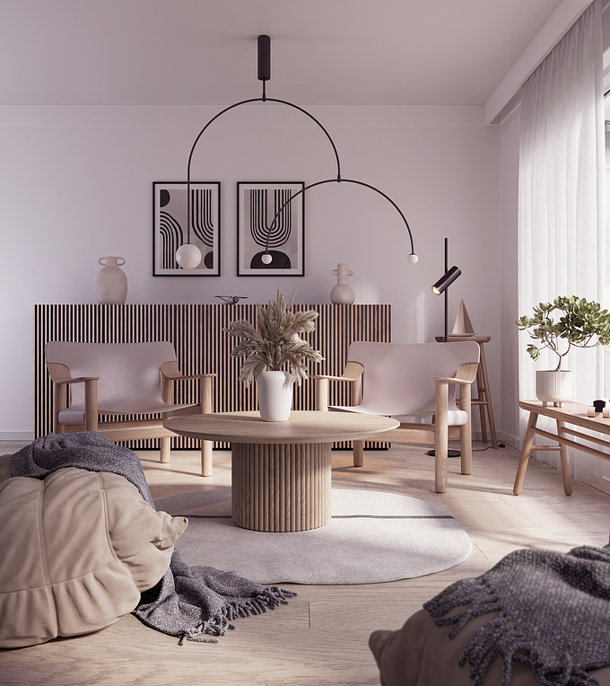 Japandi interior design - A fusion between Scandinavian and Japanese interior styles. Using natural wood materials as a dominating factor I was trying to achieve a light and "homey" atmosphere for this scene.