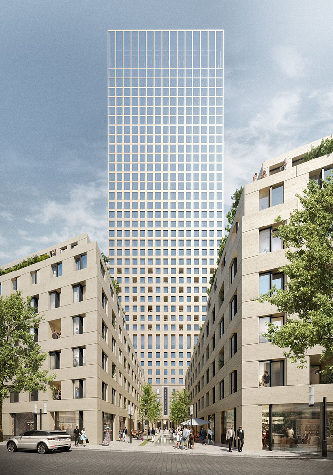 Honorable Mention for this tower in Frankfurt with a solid base that becomes lighter with a glass gradient to the top.

https://www.rendertaxi.de/de/referenzen/projekte/02239.altes-polizeipraesidium-frankfurt-a-m.html

Architect: gmp architekten