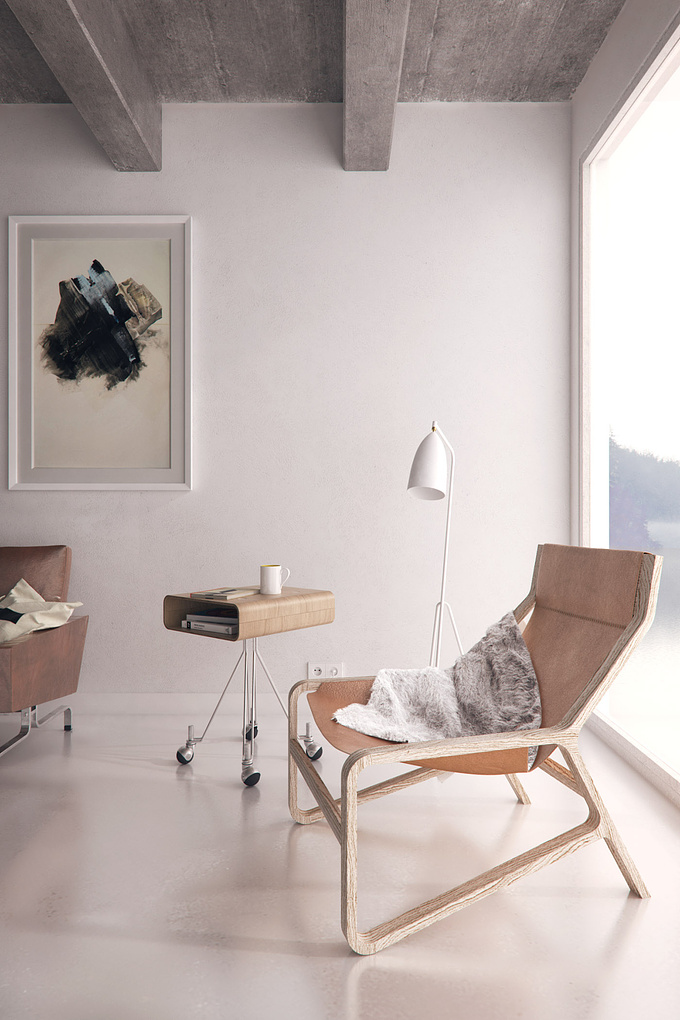 https://www.behance.net/gulyas
A scandinavian room I did for fun. I'm a big fan of the Poul Kjaerholm sofa and the Toro chair. Painting on the wall is by Leslie Shaws. Modeled everything myself. I used 3ds Max, Vray, Photoshop and Marvelous Designer for this piece.