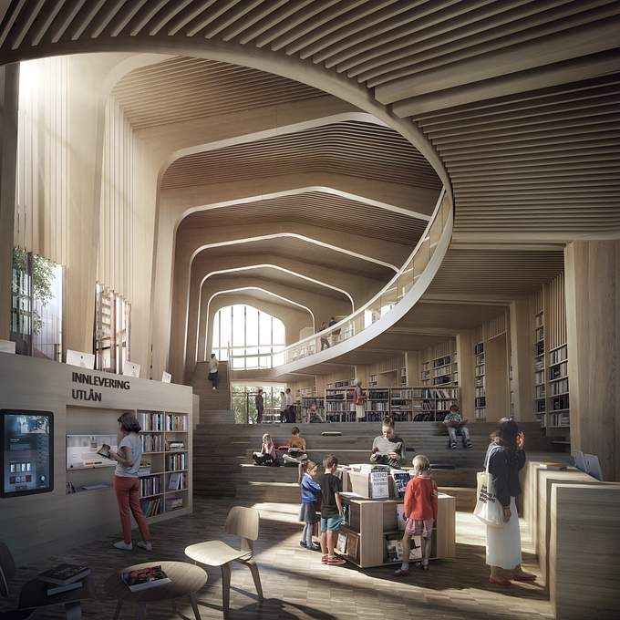Architectural visualization for Helen & Hard's library design.