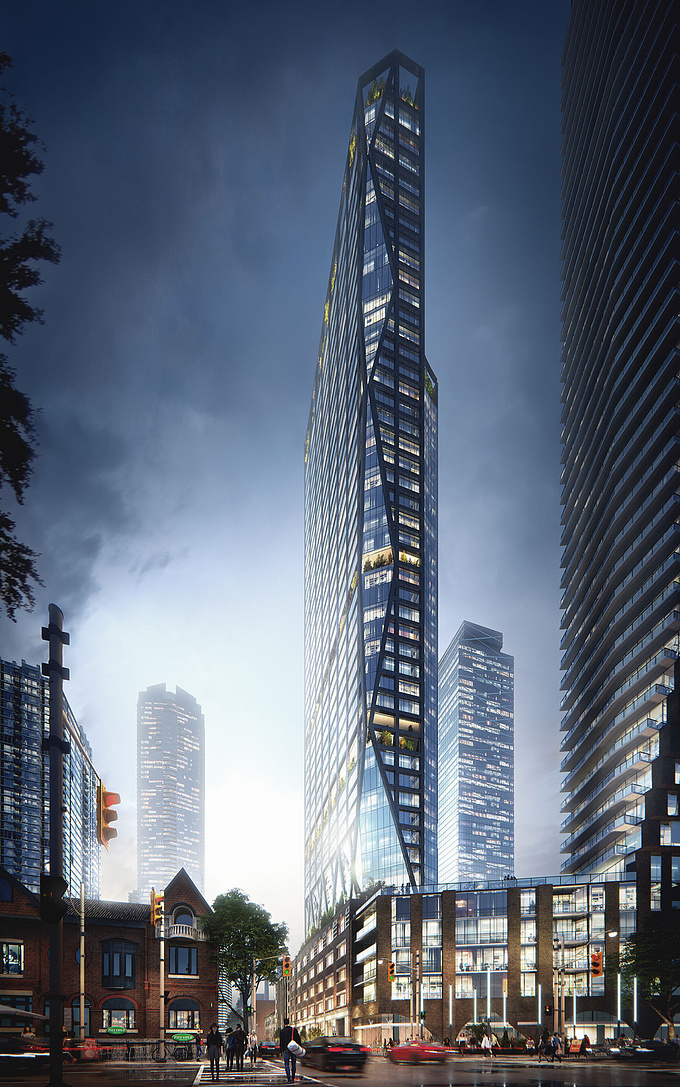 Photorealistic visualization of an 11-floor office building in <a href="https://www.lunas.pro/portfolio/architectural-visualization-skyscraper-adelaide.html" target="_blank"> Adelaide </a> West Street, Toronto. Lorne Building exteriors and interiors are thoroughly modelled in 3D together with the entire surroundings. The task was completed in 10 days. Client: Quadrangle Architects
