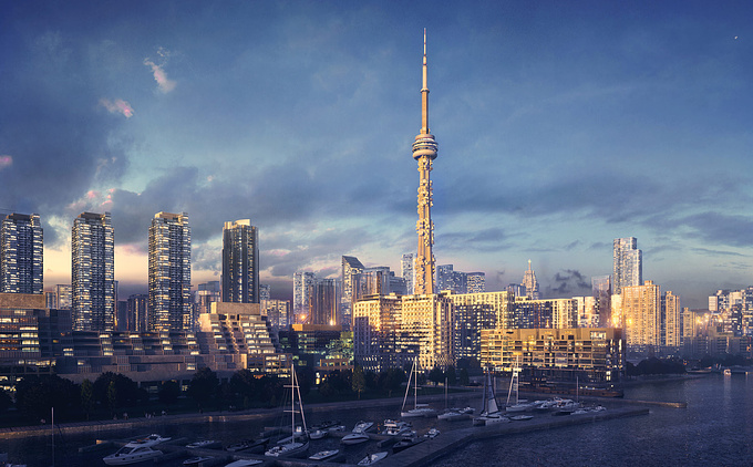 3D visualization of a conceptual proposal by Quadrangle Architects. The idea of Toronto-based architectural studio is to turn the city’s landmark <a href="https://www.lunas.pro/portfolio/conceptual-3d-visualization-cn-tower-toronto.html"_blank">CN Tower</a> into a residential high-rise covered with wooden pods. Our photorealistic images illustrate the concept of reinvigorating the tower with condominiums, in an excellent location with unparalleled views, while maintaining the building's existing functions.