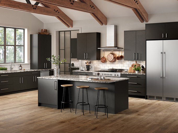 We find that kitchens (and other interiors) with darker colour palettes often require a slightly more complex CG lighting setup. Here's one of our recent kitchens for a US client, where the artists have kept the lighting looking natural and bright with lighter wall finishes and a high beamed ceiling.

We used 3D Studio Max and rendered with Corona Renderer here, with composition and colour grades in Fusion Studio 16 and additional tweaks and adjustments in Photoshop.

More of our CGI > https://www.pikcells.com/gallery/usa