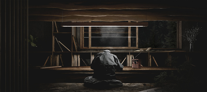 After watching documentary about japan artisans, I wanted to create an archiz artist workshop with my personnal inspiration. 
I've imagine this image to showing how i'm feeling when I work. 
Isolate but with our personnal mood. To me, Katagmi, wood and concret.
It's a nice training, I advise all archviz artist to make this exercise...
Enjoy 
Made with Lightwave and Photoshop

