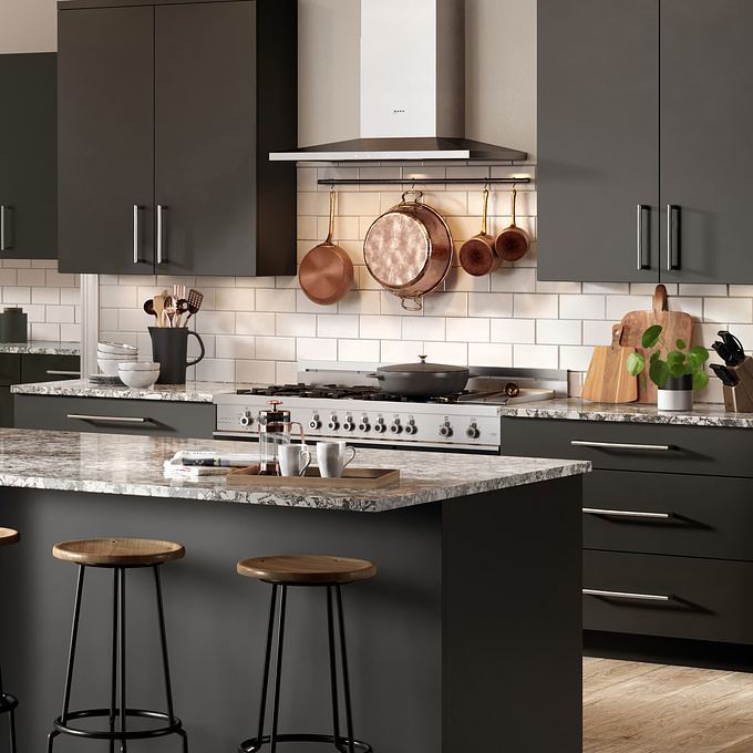 We find that kitchens (and other interiors) with darker colour palettes often require a slightly more complex CG lighting setup. Here's one of our recent kitchens for a US client, where the artists have kept the lighting looking natural and bright with lighter wall finishes and a high beamed ceiling.

We used 3D Studio Max and rendered with Corona Renderer here, with composition and colour grades in Fusion Studio 16 and additional tweaks and adjustments in Photoshop.

More of our CGI > https://www.pikcells.com/gallery/usa