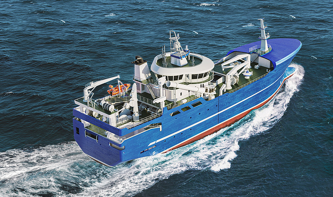 The photorealistic 3D visualizations for fishing industry: the 3D model of the purse seiner / pelagic trawler.