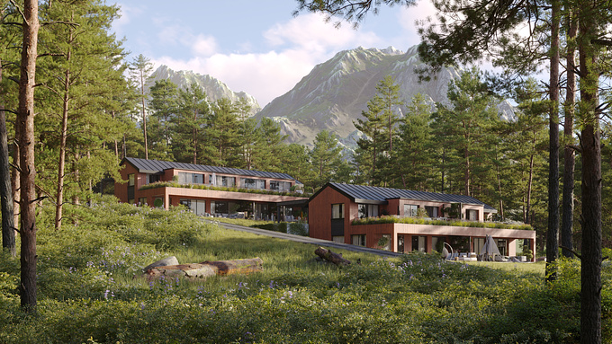 The visualization of the residential complex in Austria embraces its natural surroundings. Set against a backdrop of mountains and lush forest, the architecture seamlessly integrates into the landscape, offering residents a serene retreat amidst nature's beauty.
Softwares Used: 3Dsmax, Corona Renderer, Quixel Bridge and Adobe Photoshop.
