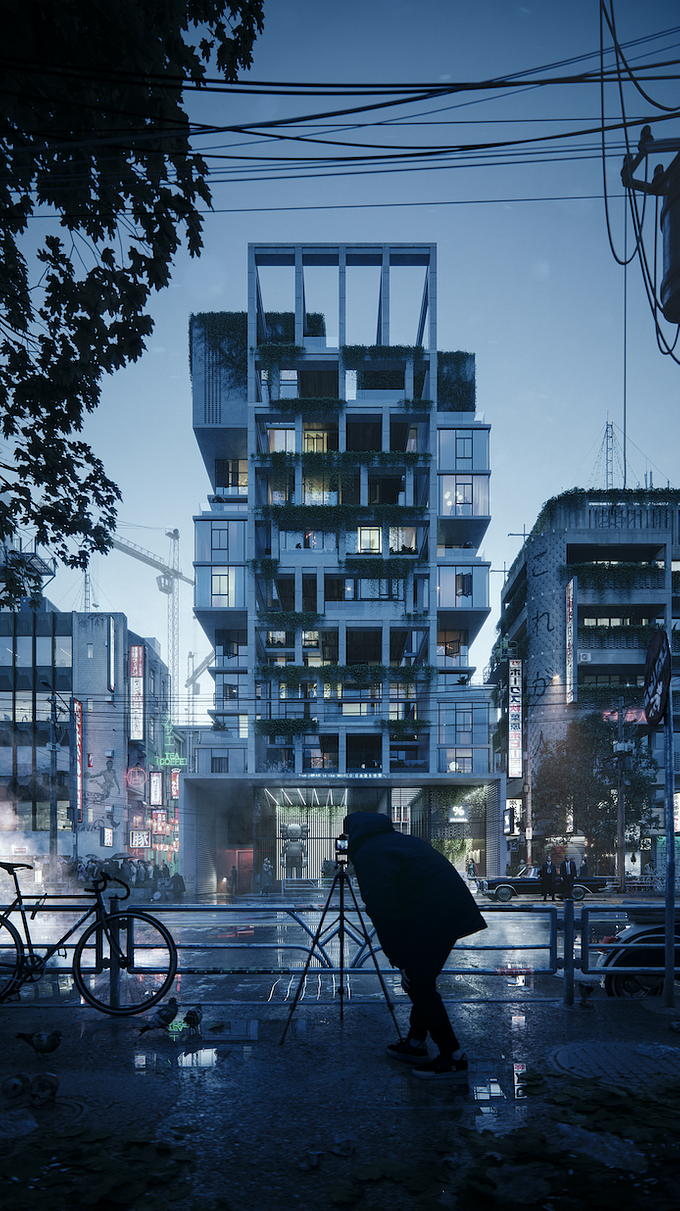 An eye-catching render of a <a href=" https://www.lunas.pro/portfolio/residential-tower-tokyo.html" target="_blank"> residential tower </a>  in the suburbs of Tokyo as captured through the eyes and the camera of a foreigner boy in the foreground. Intimidatingly futuristic and yet outdated the building holds a home for many restless Japanese souls. 