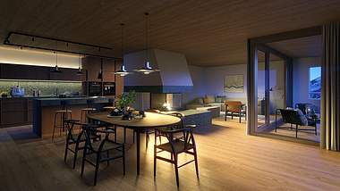 Interior visualization of a dreamy real estate project in the Swiss Alps