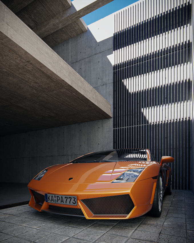 Workflow > References > 3ds Max > Photoshop

These are the last rendered images. They are the result of a car rendering study. It's a mix of a semi-industrial garage with a little bluish leftovers and the car with an orange one to give a contrast. Hope you like it!