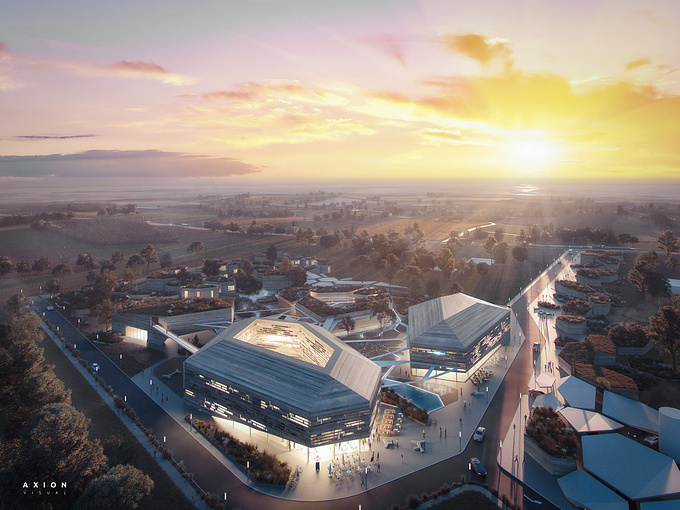 Full Cgi aerial shot of a planned futuristic Spa resort at Morahalom, Hungary