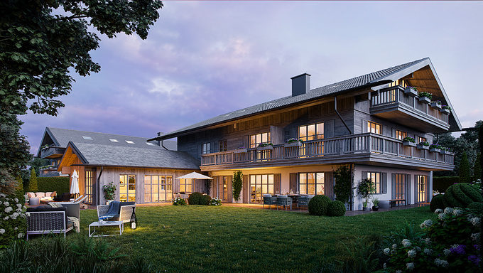 Render-Vision - https://render-vision.de/3d-visualisierungen/architekturvisualisierung/
The project consists of two country houses with nine exclusive condominiums with underground parking on a quiet, idyllic site close to the city centre. This property combines traditional Upper Bavarian country house style with the finest old wood outside and modern interior design behind the facade. Our task was to present the combination of the two architectural styles in a photorealistic and emotional way.