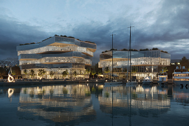  Exterior visualization of futuristic twin buildings by the water