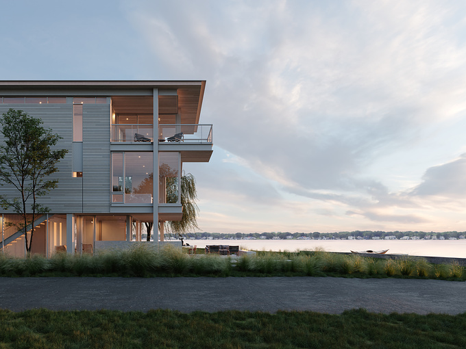 The North Shore house sits on the banks of Lake Michigan in soft summer light. The environment and lighting scheme plays up the muted material palette and unique setting. Architecture by North House Architects.