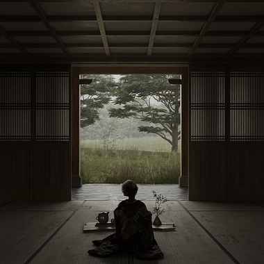 Photorealistic render of a traditional wooden teahouse with a woman sitting in front of tea