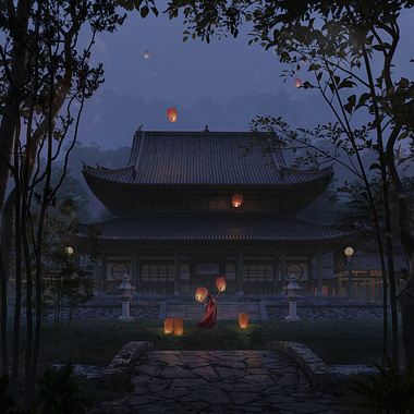 Traditional Chinese pagoda with paper lanterns ans a dancing woman in a red traditionnal dress