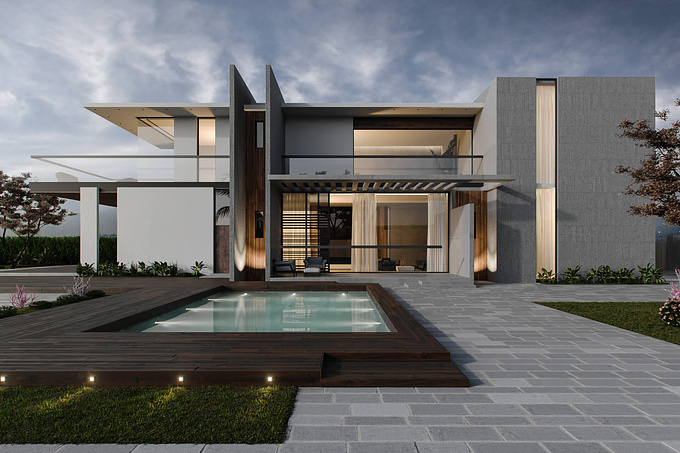 Archicgi - https://archicgi.com
3DDesign for the Modern Villa Exterior  
The villa exterior consists of square blocks, which compose a modern and trendy look. Another remarkable thing that focus the attention is large windows which take most of the facade. The swimming pool with the wood base looks inviting and very atmospheric. Great lighting effects and high quality rendering make this CGIscene look very professionally.
Such House exterior 3dvisualization is a wonderful choice to stand out and impress