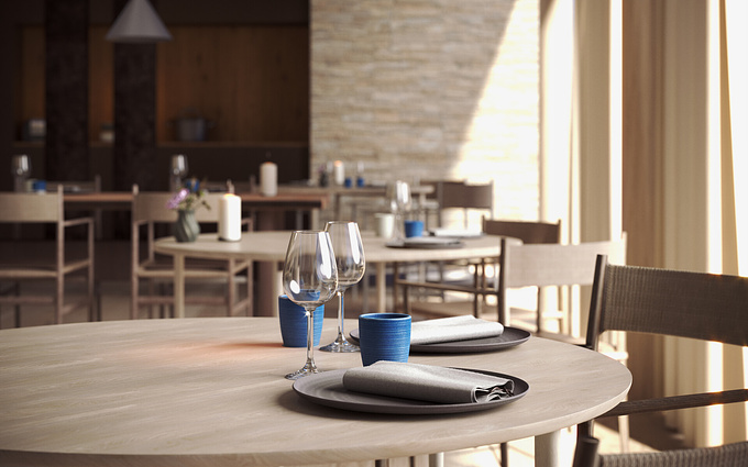 Interior visualization of Noma restaurant in 3Ds Max and Corona renderer, based on reference image 