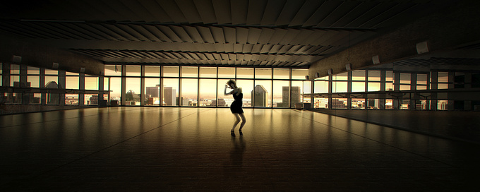  - http://makonimation.com/
Dance studio in a high rise building. The tone of the image was geared more towards the dancer rather than the space itself.

First project with 3DS Max.