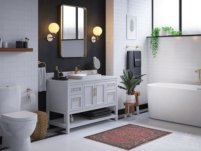 Another conceptual bathroom interior designed and developed for Greentouch Home. Purpose of the rendering is to show how their product, in this case part of the vanity collection, could look like in the interior environment. 