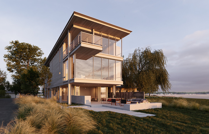 The North Shore house sits on the banks of Lake Michigan in soft summer light. The environment and lighting scheme plays up the muted material palette and unique setting. Architecture by North House Architects.