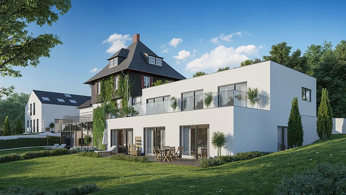 Render-Vision - https://render-vision.de/3d-visualisierungen/architekturvisualisierung/
This project in Königstein im Taunus was an outdoor visualization for presentation on the homepage. For this we received the planning from the building application, photos of the villa after demolition of the old building parts, open space plan with planned design and further planning documents from the customer. Our task was emotionally represent the combination of the two building styles.