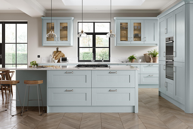 Duck egg blue island kitchen with a bright interior