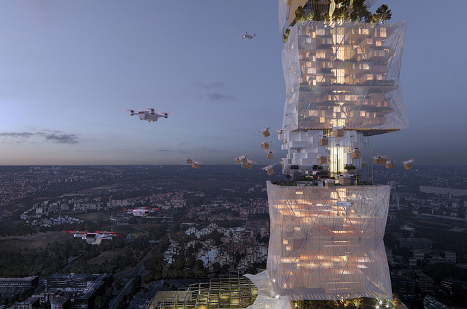This ingenious <a href="https://www.lunas.pro/portfolio/smart-warehouse-tower.html" target="_blank">tower</a> is a competition entry for a skyscraper in a neighborhood of Paris. Conceptually, this is an automated warehouse with drones delivering boxes of goods. The architects incorporated fully landscaped floors for a sustainable impact on the environment. 
It wouldn’t be easy to pitch such a progressive idea, if not for quality visual support, right?
