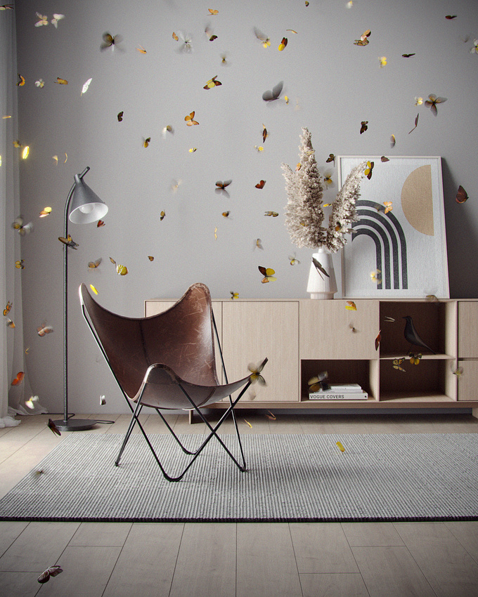 This CGI project is a tribute to the BKF chair. The BKF chair was created in Buenos Aires, Argentina in 1938. It was designed by architects Antonio Bonet, Juan Kurchan and Juan Ferrari. They had been working with Le Corbusier and they were part of Grupo Austral.
The chair is commonly known as "the butterfly chair" due to it's shape. This prompted the idea of playing with the butterflies flying around the chair and the subtle reminiscences between them. 

SOFTWARE USED: AUTODESK 3DS MAX + CORONA RENDERER + ADOBE PHOTOSHOP