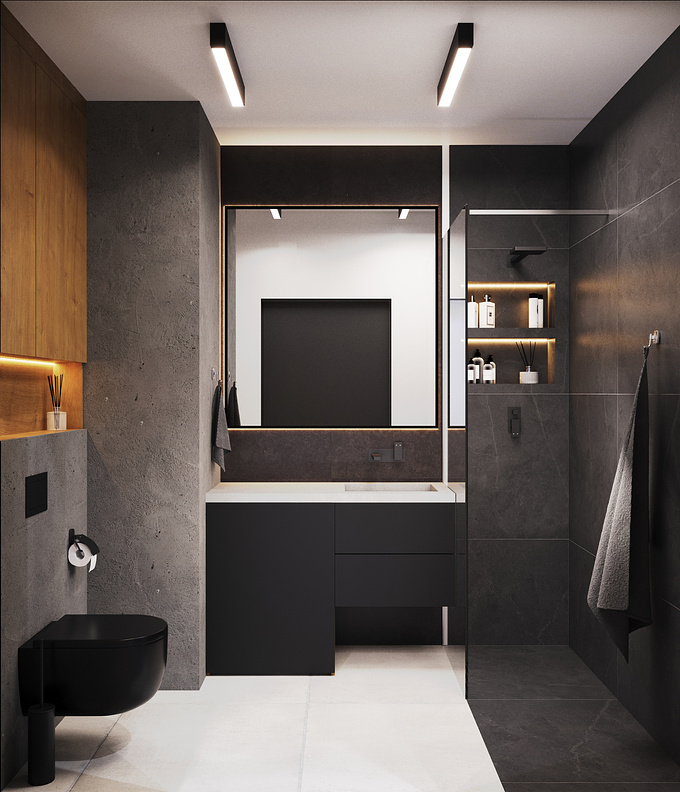 Soft loft bathroom interior design.