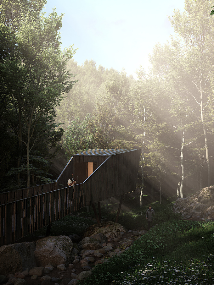A Cabin i designed to retire in the forrest after a stressful week of work :) I wanted to have a somehow foggy image in the forrest where the cabin is surounded by nature. It should be warm but mysterious as well. Don´t use volumetric fog often but this time it came out nicely. Hope you like it.