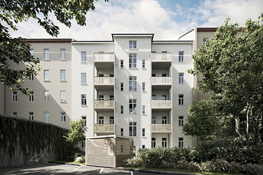 External visualization of an apartment building with commercial units in Leipzig
