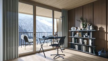 Interior visualization of a dreamy real estate project in the Swiss Alps