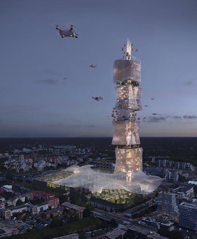 This ingenious <a href="https://www.lunas.pro/portfolio/smart-warehouse-tower.html" target="_blank">tower</a> is a competition entry for a skyscraper in a neighborhood of Paris. Conceptually, this is an automated warehouse with drones delivering boxes of goods. The architects incorporated fully landscaped floors for a sustainable impact on the environment. 
It wouldn’t be easy to pitch such a progressive idea, if not for quality visual support, right?
