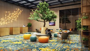 CG Interior Design Render. A Colorful Hotel Lobby