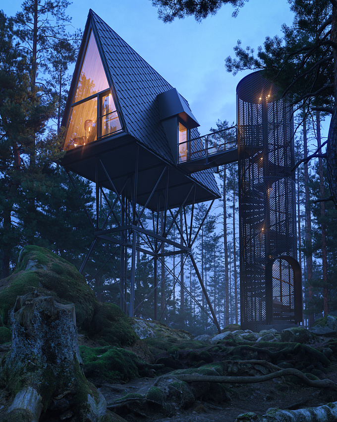 For the PAN Treetop Cabin project, Norwegian architect Espen Surnevik was inspired by Tove Jansson's Moomin stories. The treetop rental cabins are located on forest land long inhabited by Finnish immigrants. Owned by business couple Kristian Rostad and Christine Mowinckel