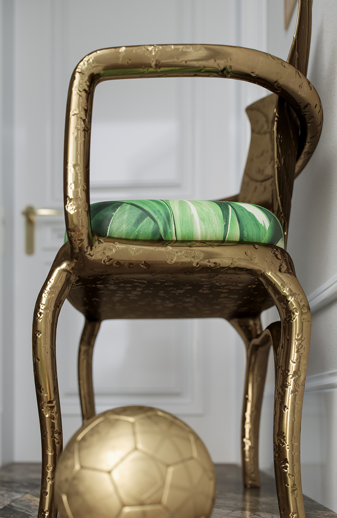 Hi. An unorthodox golden chair, white walls, marble floor, a football, hours working just in a mirror model, that´s the result. Hope you will like it. :)