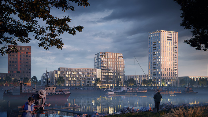 Dusk 3D <a href=" https://www.lunas.pro/portfolio/apartment-complex-nijmegen.html" target="_blank"> rendering </a> of a residential development in the busiest hub of Nijmegen with a river, fisherman and a man with a child in the foreground.