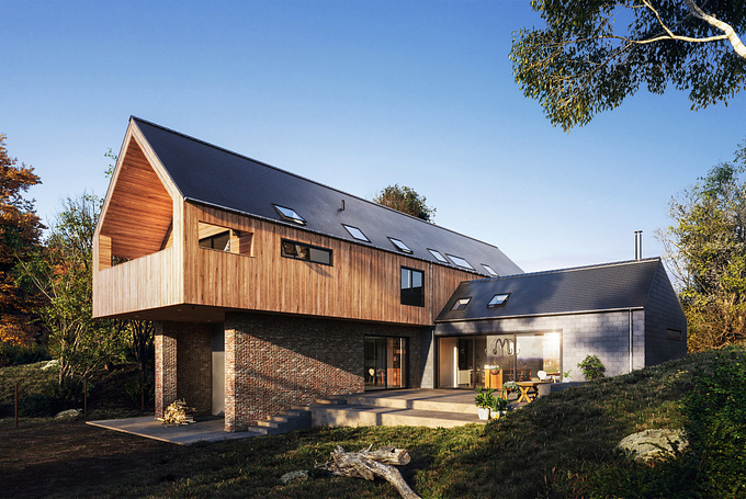 Hunter 3Dvisual - https://hunter3dvisual.com/
Architects :Elliott Architects
Location: Northumberland, United Kingdom

The clients had fallen in love with the beautiful site on the outskirts of the market town of Morpeth, and so did we; steeply sloping and edged by woodland, it is a wonderful, challenging context with a brief to create a family home sympathetic to the setting whilst embodying the excitement of a woodland hideaway.