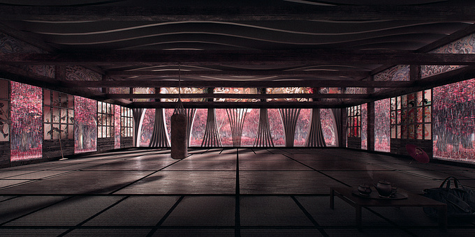 http://makonimation.com/
Render of a dojo space surrounded by red cherry blossom trees. done with 3ds max, vray, forest pack, nuke and photoshop.