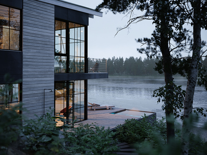 Quiet, cool, calm. The Raft Island home is integrated into the heavily wooded landscape and takes in the foggy water views beyond.

Client: Studio DIAA