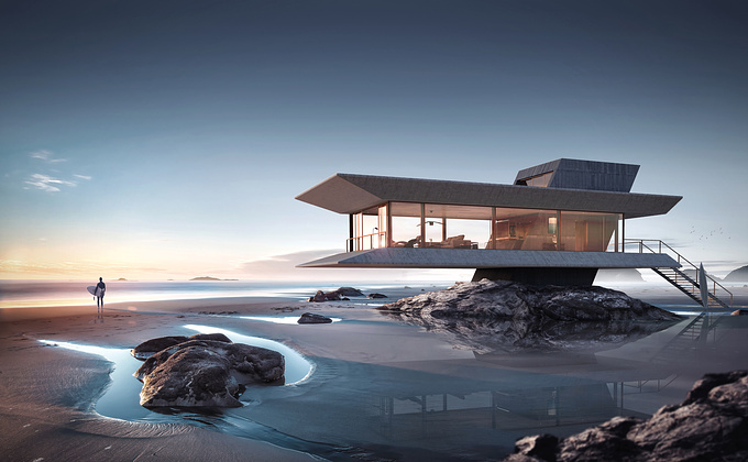  - http://https://www.behance.net/gallery/62498657/The-Beach-House
The Beach House was designed as a concept, a place for absolute freedom of the mind and body. With a minimalistic-contemporary look, a horizontal structure floats over the sand offering epic panoramic views over the surrounding landscape. A concrete pillar emerges from the rock and pierces the slabs while offering structural support. 
The building was envisioned as a house for an outdoorsy young couple.  The first floor contains the living area (living room, dining, kitchen, storage, toilet) and the first floor has one bedroom + an ensuite, both opened towards a terrace. A great feature of the roof terrace is the small pool/jacuzzi where you can relax and enjoy the view.