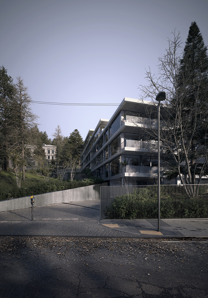 Exterior visualization of architecture project Boyana 49. Experimental lighting and soul