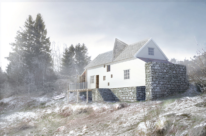 Rendering some older school projects for my portfolio. Old traditional Norwegian house with a more modern addition. And yes there is unfortunately a door missing