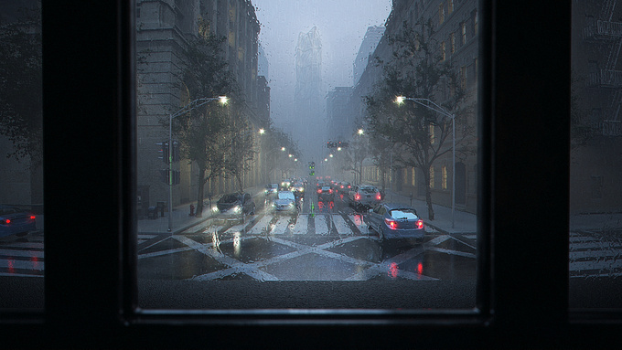 http://makonimation.com/portfolio/
Silhouette of skyscraper with rainy street out of a window.

3ds Max, Nuke, Photoshop