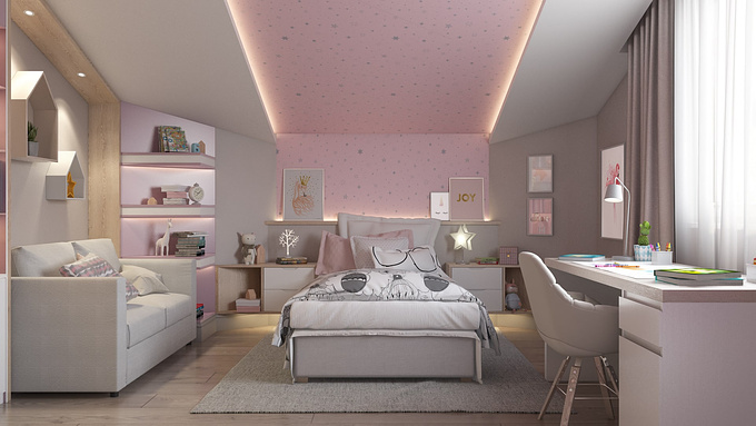 ArchiCGI - https://archicgi.com/
Utilizing 3D Max and Vray plugin, our CG artists conveyed the atmosphere of tranquility and comfort that reigns in the room. And one of the most important things in setting the atmosphere is the smart lighting system. As there is limited access to the natural light in the room, Designer came up with an intricate combination of spot lights above the sofa and elegant concealed lighting above the bed. The latter contributes to the fairy tale effect and makes the interior quite unique.

So to showcase all these smart solutions, our 3D Artists switched on the lights, carefully combining the daylight with the artificial sources for maximum effect. As a result, the design in the CG interior image looks sophisticated and vibrant.

As for the material choices, photorealistic 3D rendering enabled the Designer to emphasize their strong impact with a smart texturing work. Smooth bedding textiles, soft curtain fabrics, wood grain pattern perfectly knit altogether, helping the 3d Max image achieve its realistic look.

But best of all, CG interior image allowed for the small personal items making the place look inhabited. Books, pencils, and papers help drawing in the viewer in a visual story seem to suggest little girl is about to come in, sit on a stool and start drawing her next picture.

Want top-quality CG interior imagery for your projects? Contact ArchiCGI for photoreal 3D rendering. We will create high-quality visuals that will stun your clients.