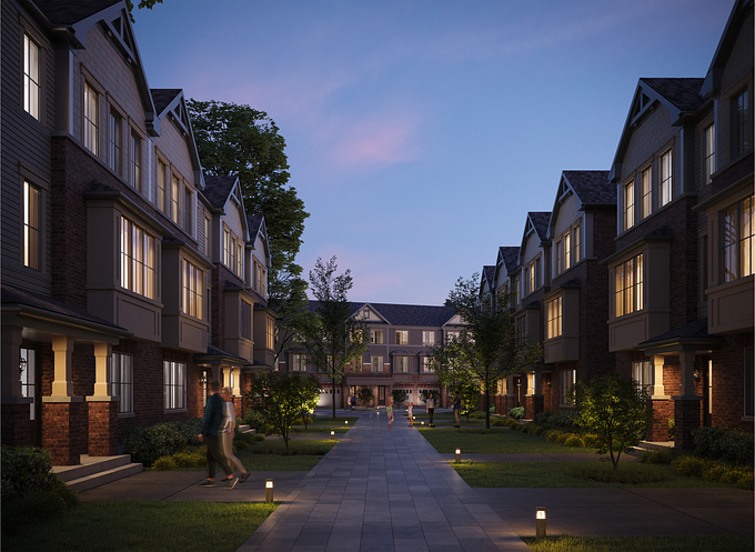 A mesmerizing dusk render unveils an enchanting pedestrian lane between townhomes. Soft, warm light and lush landscaping create an inviting atmosphere. Ideal for showcasing community living and landscaping design.