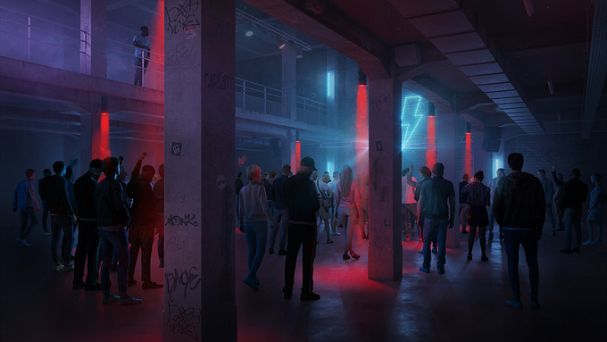This non-commissioned project is a personnal representation of the soul and atmosphere felt in multiple Techno-warehouse nights. It is a tribute to electronic music, with a lot of hidden references sprinkled in this Architectural visualization.